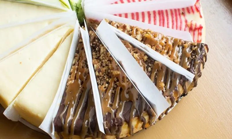 Sliced Hank's cheesecakes on a tray